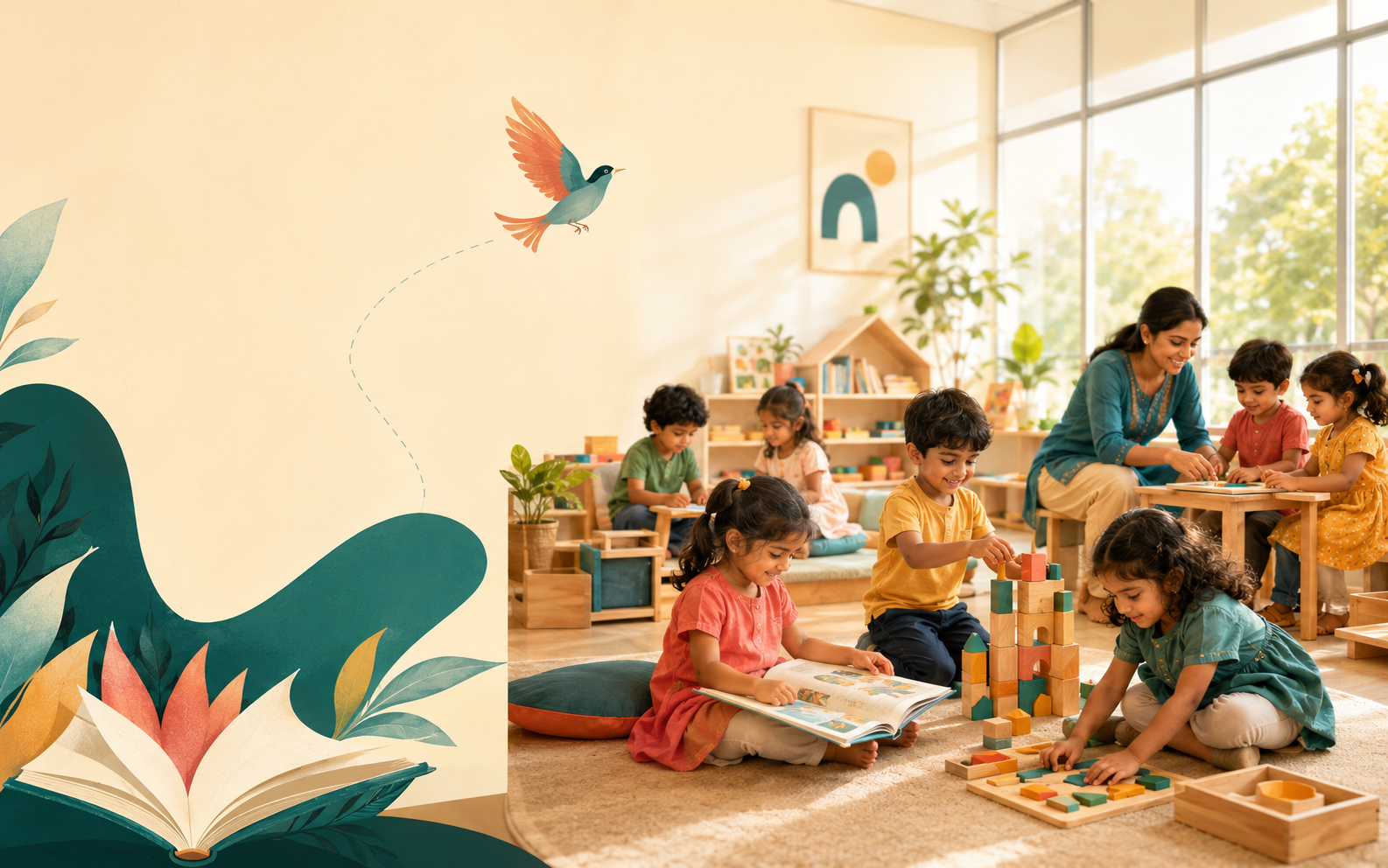 Children learning with books, art and building blocks in a cheerful classroom